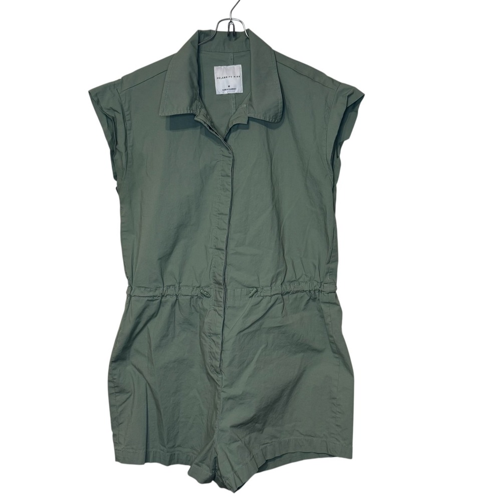 Celebrity Pink Womens Romper Bungee Waist Short Sleeve Front Button Green Medium